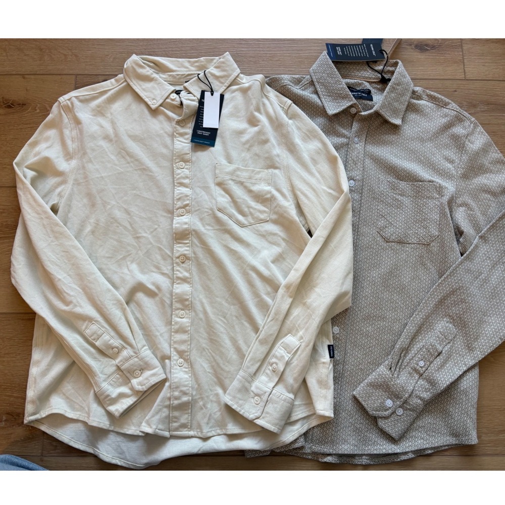 Kenneth Cole Mens‎ Techni-Cole Knit Shirts Tan Geometric lot size small cotton